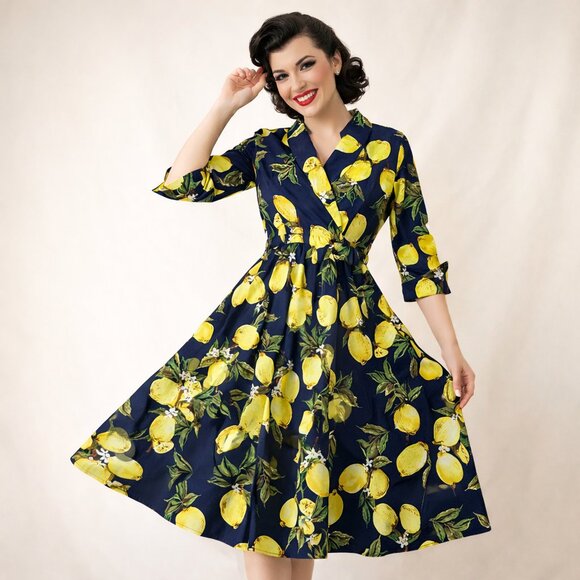 Sucrefas Dresses & Skirts - NWOT SUCREFAS Lemon Floral Navy Dress (M) Blue Retro Swing Fit & Flare
